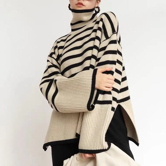 Damen Rollkragenpullover Grobgestrickt Maritimes Streifenmuster Beige - Eveloria