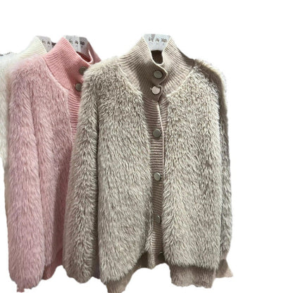 Damen Strickjacke Kuschelig Knopfverschluss Hochkragen Beige