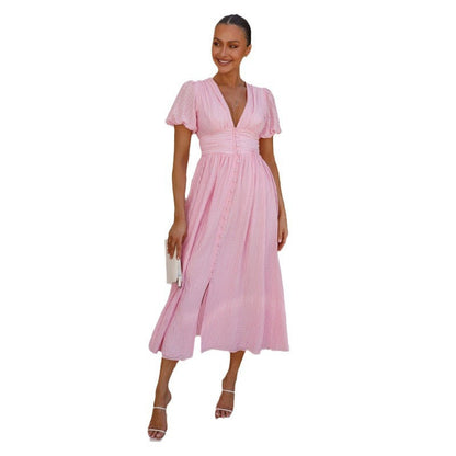 Damen Maxi-Kleid V-Ausschnitt Rüschen