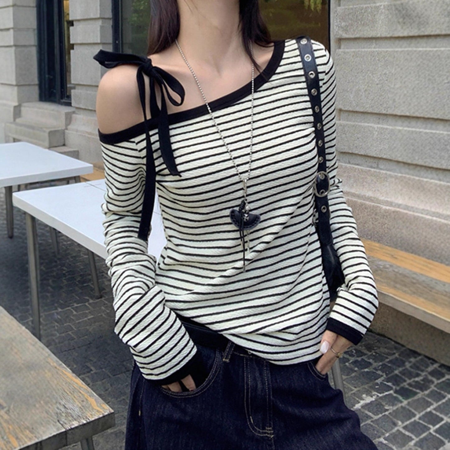 Eveloria Damen Langarmshirt Gestreift Schulterfrei