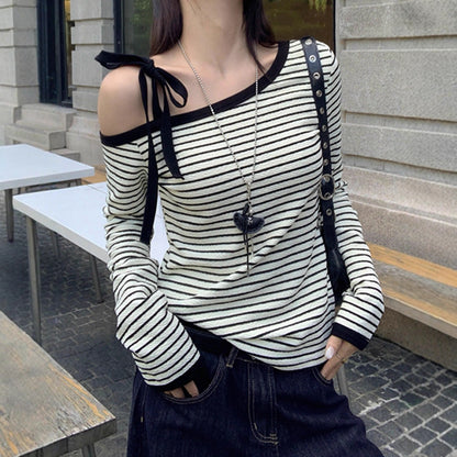 Eveloria Damen Langarmshirt Gestreift Schulterfrei