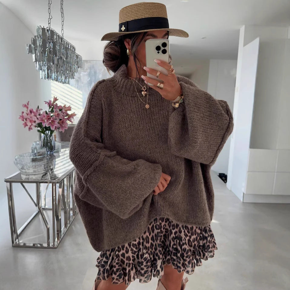 Damen Oversized Strickpullover Hoher Kragen Ballonärmel Eveloria