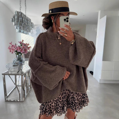 Damen Oversized Strickpullover Hoher Kragen Ballonärmel Eveloria