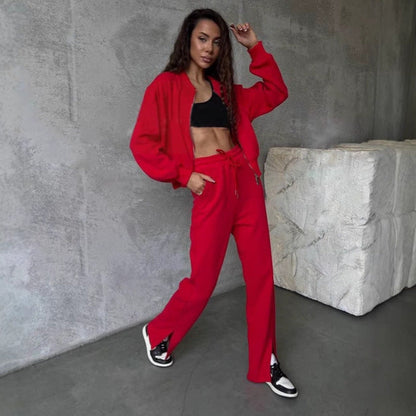 Damen Fleece-Jogginganzug Höher Kragen Eingrifftaschen Grau Eveloria