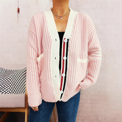 Damen Strickcardigan Gestreift Mit Taschen Knöpfe Beige