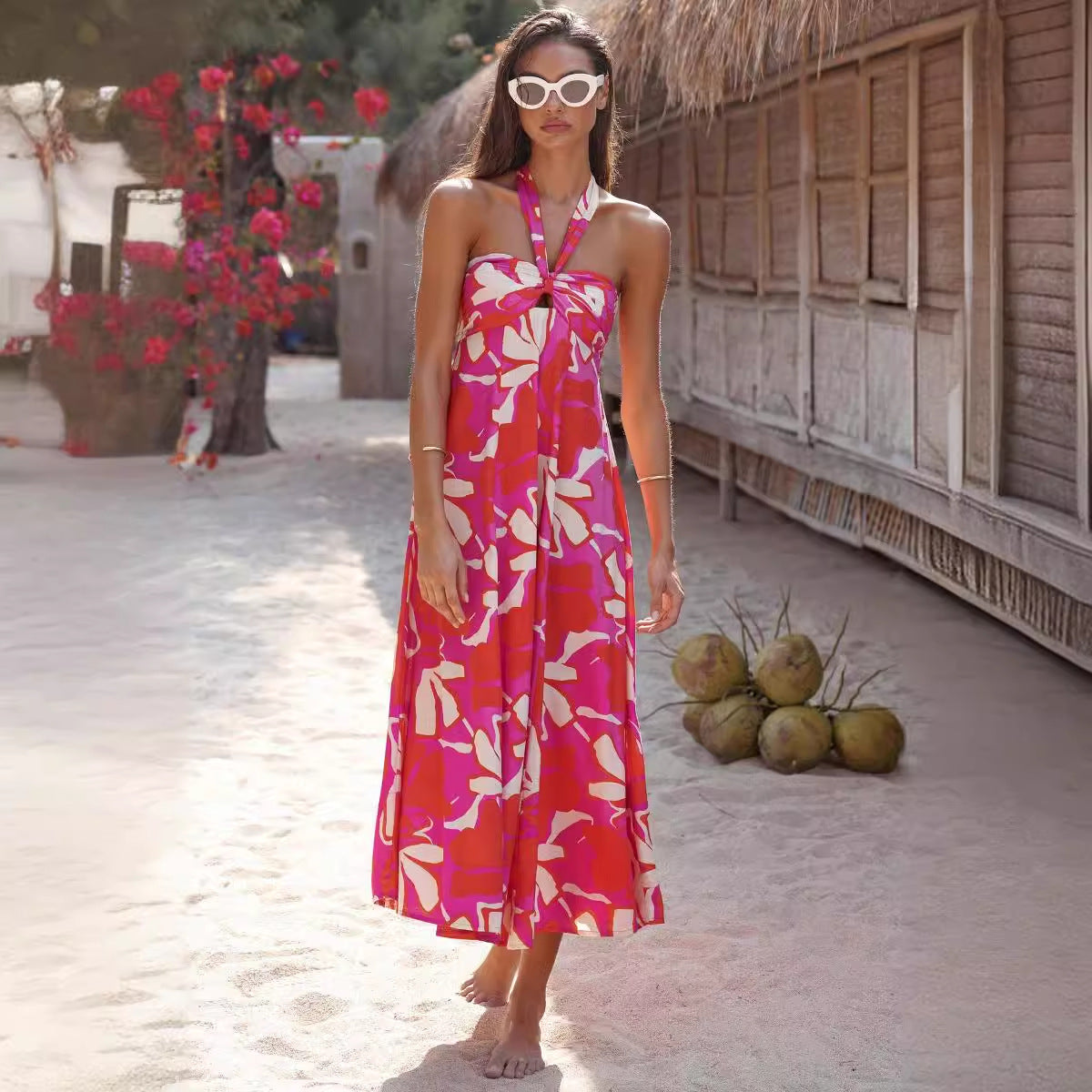 Damen Maxikleid Trägerlos Rundum Stretch Floralmuster