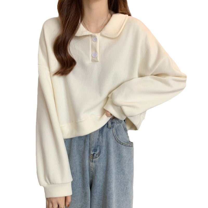 Damen Sweatshirt Kurzarm Modischer Kragen Dekorative Knöpfe