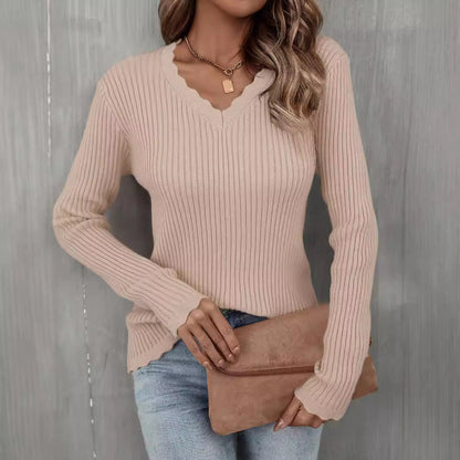 Damen Pullover V-Ausschnitt Rippenmuster Wellenkante