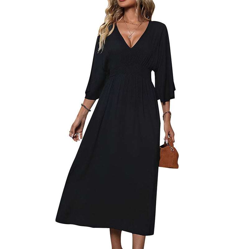 Damen Maxikleid V-Ausschnitt Schwingärmel Eveloria