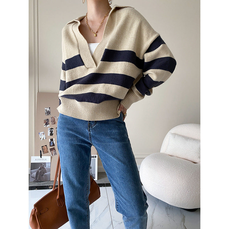 Damen Strickpullover V-Ausschnitt Streifen