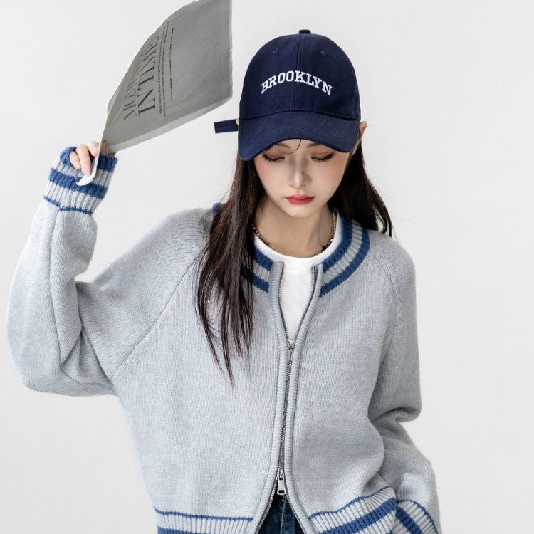 Damen Strickcardigan Sportlich Reißverschluss Gestreift Grau Eveloria