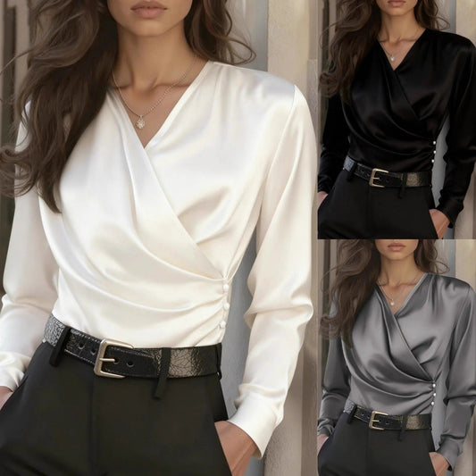 Damen Wickelbluse Knopfdetails Elegantes Design - Eveloria