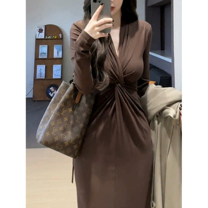 Damen Wickelkleid V-Ausschnitt Faltenwurf Eveloria