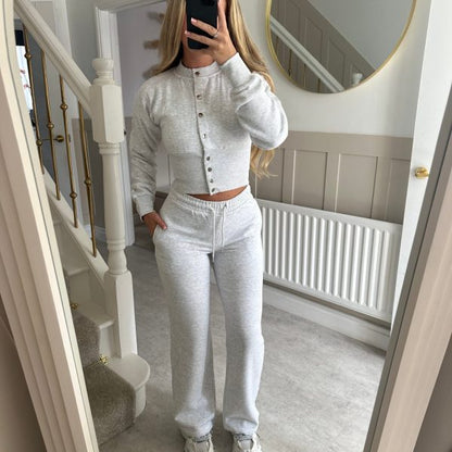 Damen Sweat-Kombi Elastischer Bund Knopfdetails Grau