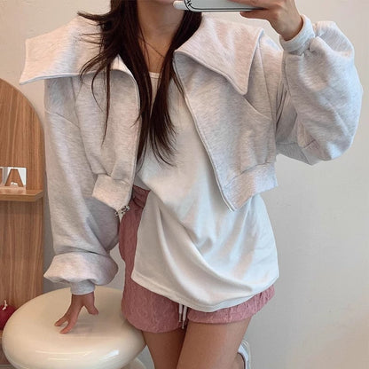 Damen Cropped Sweatjacke Großzügiger Kragen