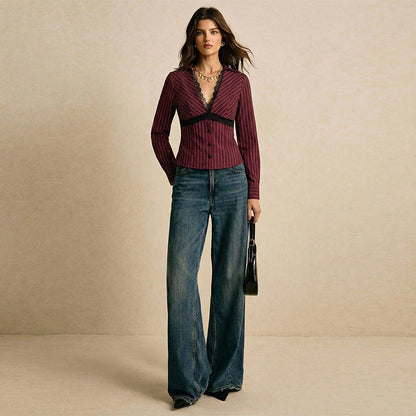 Damen Blusenshirt Spitzen- und Streifenmuster Eveloria