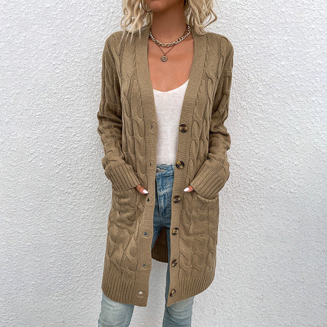 Damen Strickcardigan Lang Knöpfe Taschen Struktur