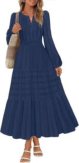 Damen Maxikleid mit Puffärmeln und Smoktaillen Elegant