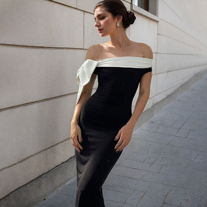 Damen Maxikleid Off-Shoulder Design Schleifenakzent Elegantes Eveloria