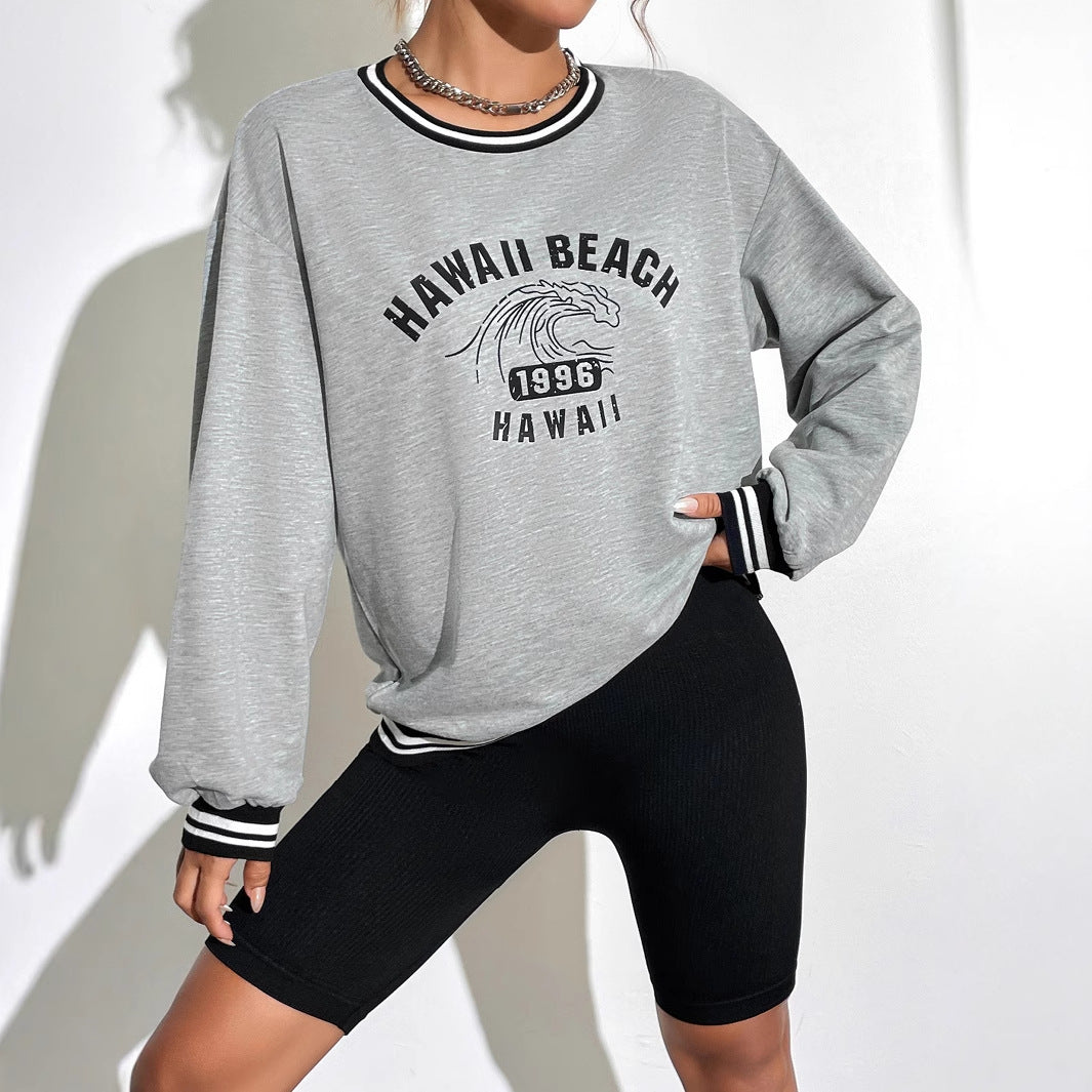 Damen Sweatshirt Hawaii-Motiv Überschnittene Ärmel Grau Eveloria