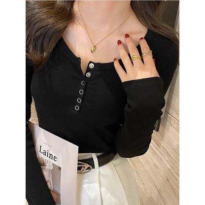 Damen Langarmshirt Rippstruktur Knopfleiste Weiß
