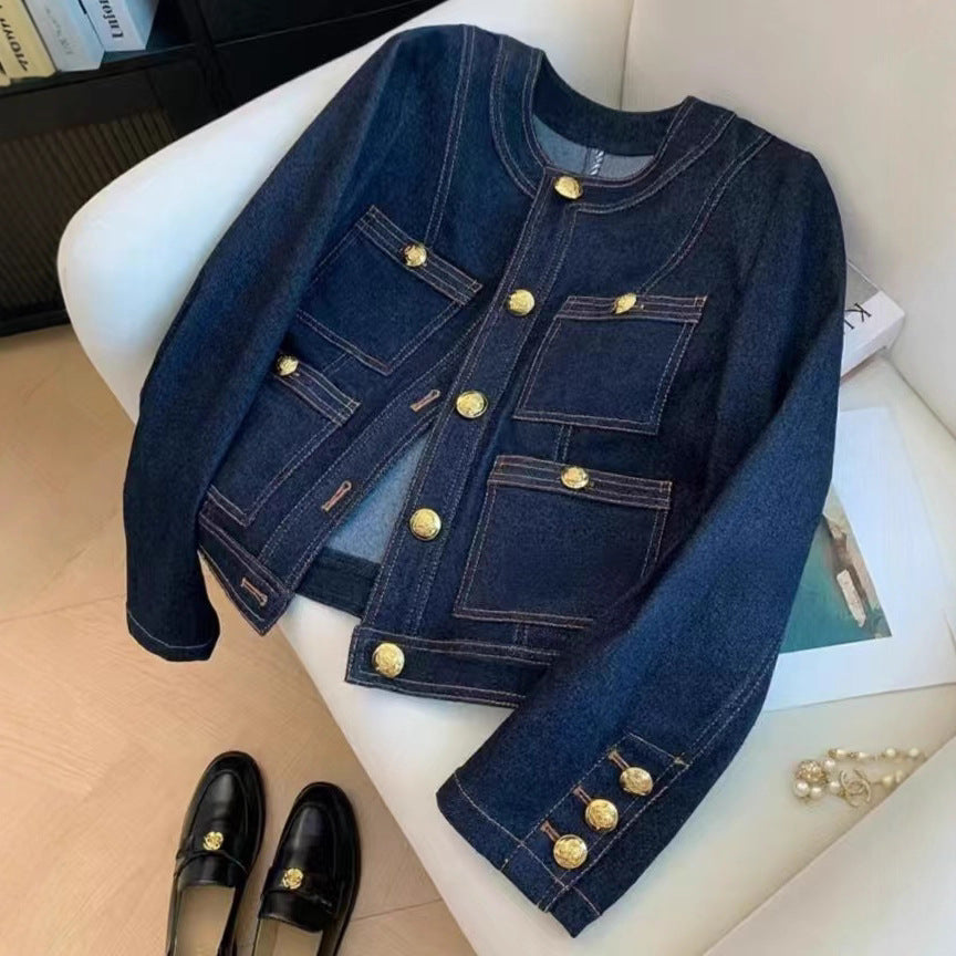 Damen Jeansjacke Modisch Goldene Knöpfe Schwarz Eveloria - Eveloria