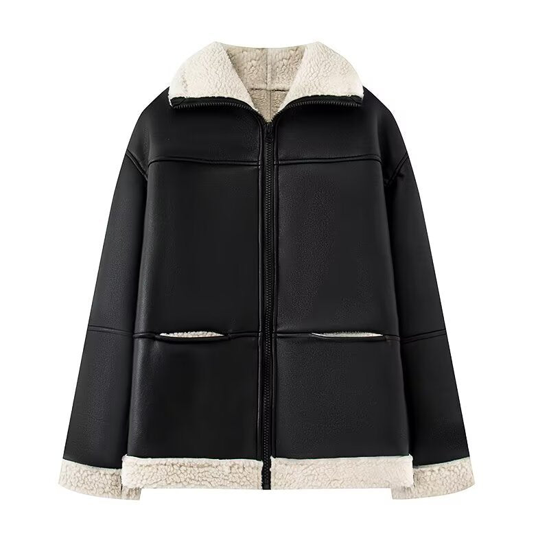 Damen Kunstlederjacke Teddyfutter Warm Schwarz Eveloria - Eveloria