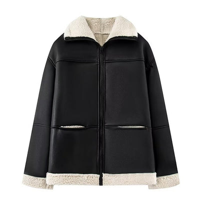 Damen Kunstlederjacke Teddyfutter Warm Schwarz Eveloria - Eveloria