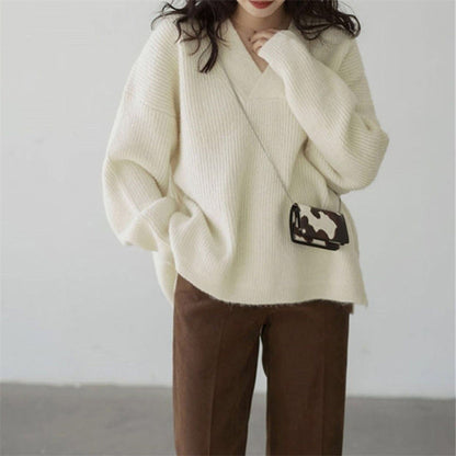 Damen Oversize Pullover V-Ausschnitt Kuschelfleece Beige