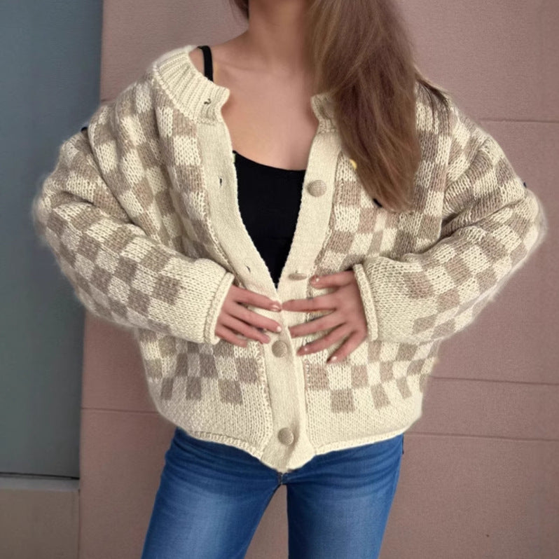 Damen Strickjacke Gemustert Große Knöpfe Lockerer Schnitt