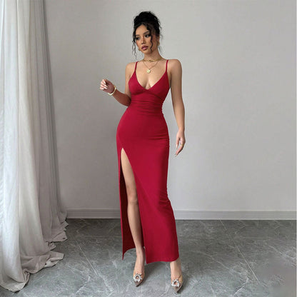 Damen Maxikleid V-Ausschnitt Hochschlitz Eveloria