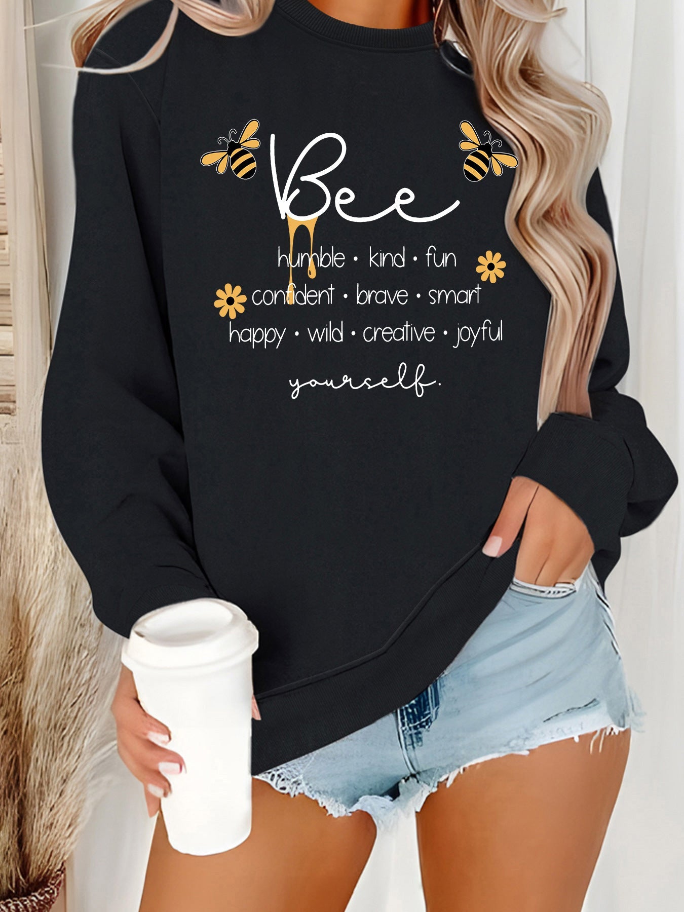 Damen Sweatshirt Bienenmotiv Positives Design Grau