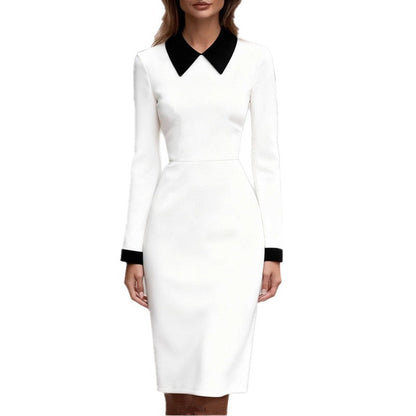 Damen Kleid Figurbetonter Stil Kontrastkragen Langer Ärmel Eveloria