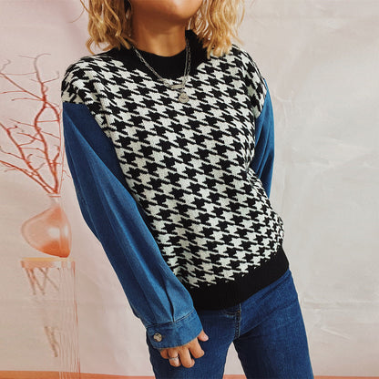 Damen Pullover Hahnentrittmuster Denim Ärmel Blau
