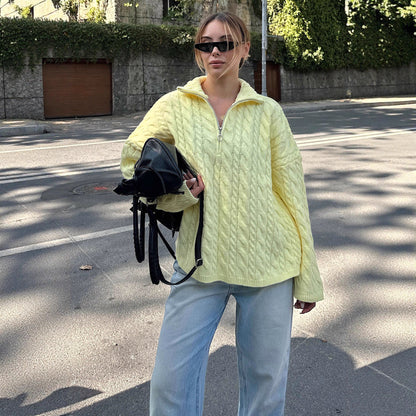 Damen Strickpullover Stehkragen Reißverschluss Grau