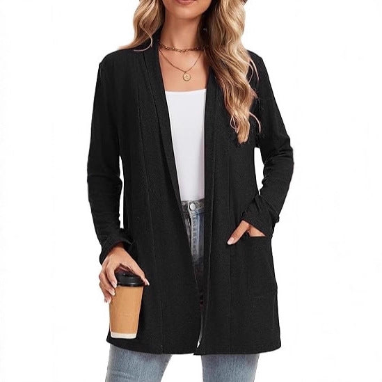 Damen Langarm-Cardigan Offene Front Taschen Beige