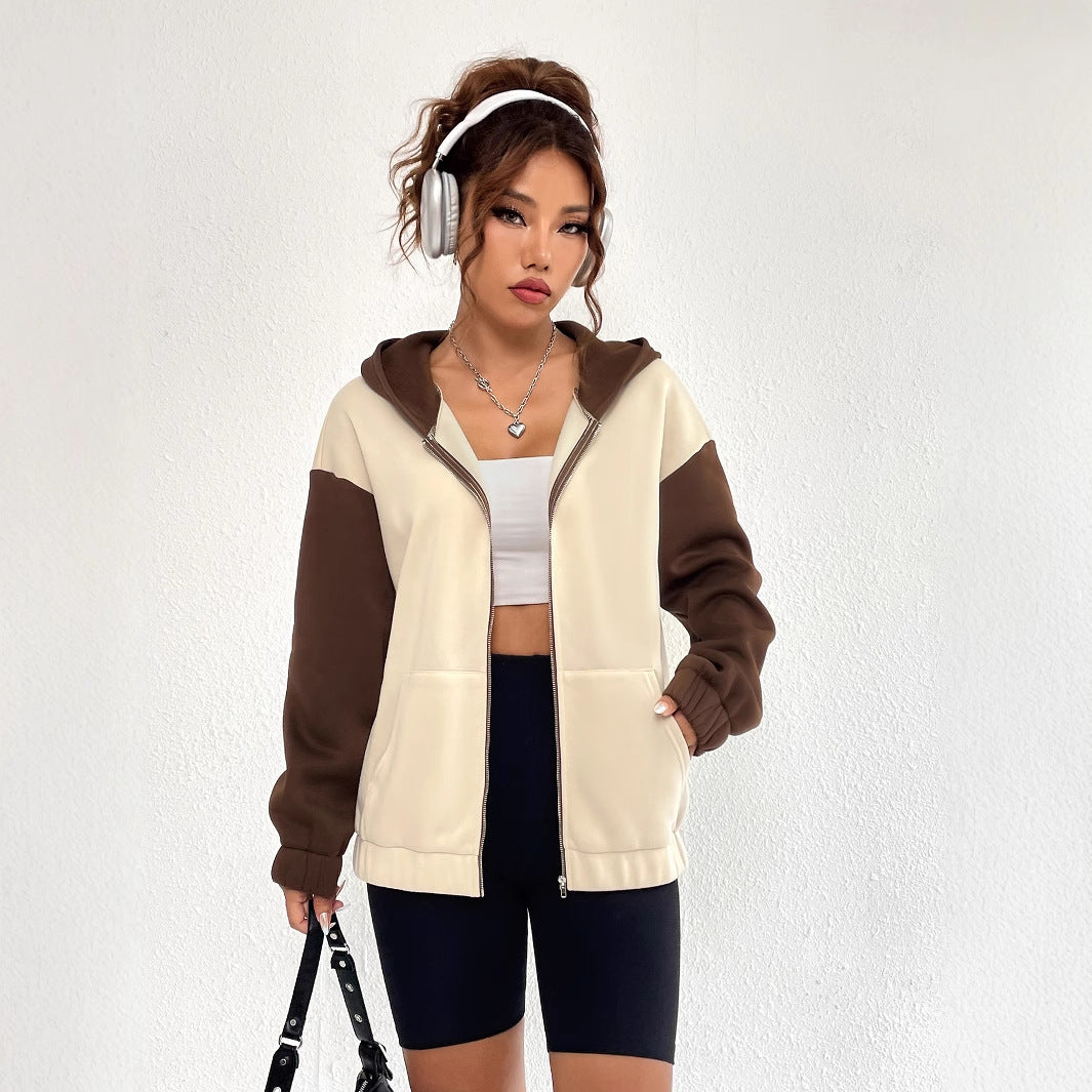 Damen Sweatjacke Lässig Kontrastärmel Kapuze
