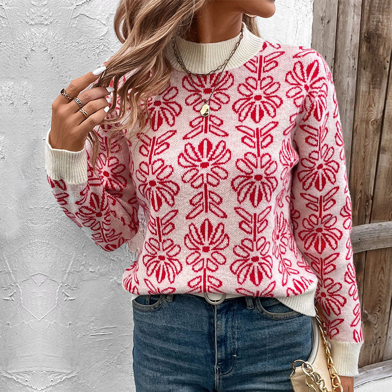 Damen Strickpullover Floralmuster Stehkragen