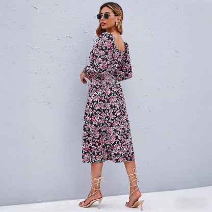 Damen Midikleid Puffärmel Floralmuster