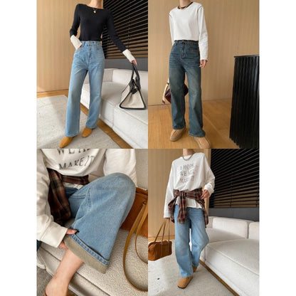 Damen Highwaist Jeans Weites Bein Lässiger Schnitt Eveloria