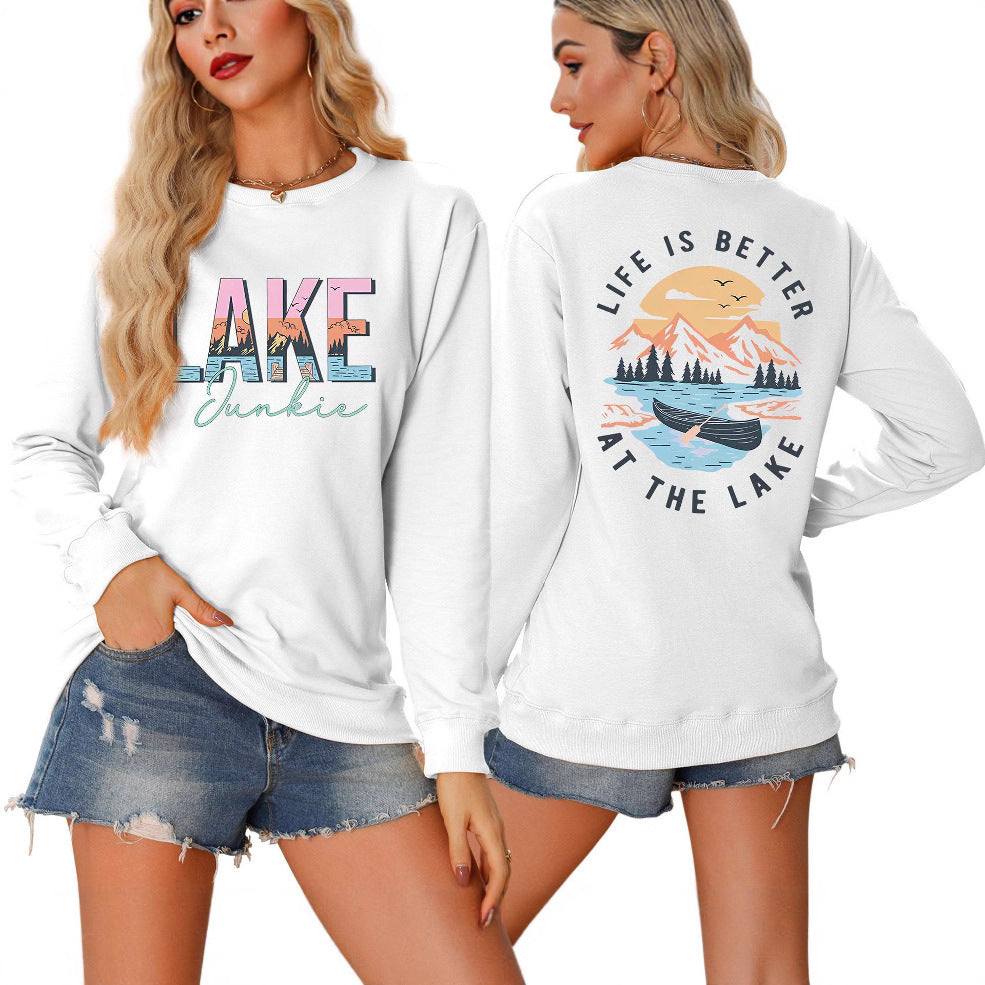 Damen Langarmshirt Lake-Motiv Leicht Baumwolle Weiß