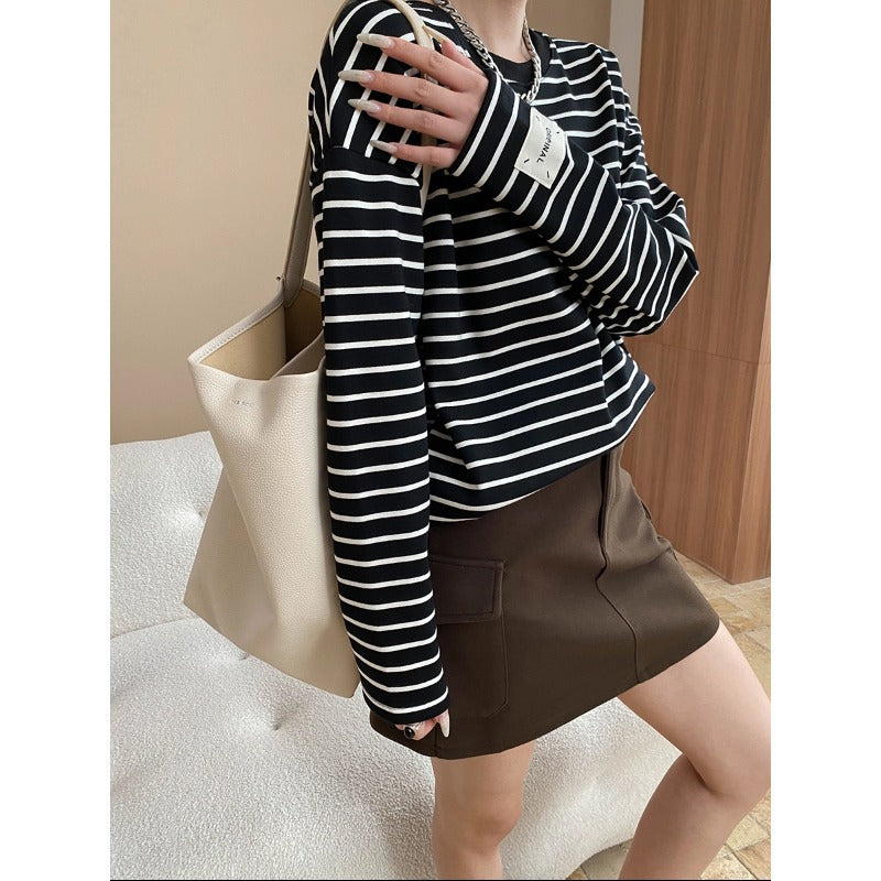 Damen Langarmshirt Streifen Weiches Baumwollmix Schwarzweiß - Eveloria