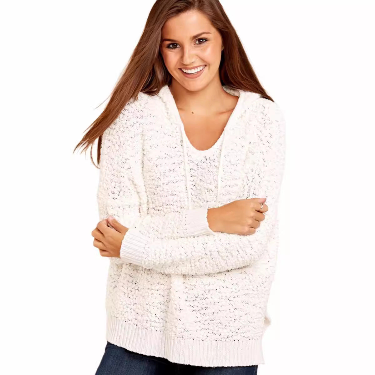 Damen Strickpullover Kapuze Luftig Grau Eveloria