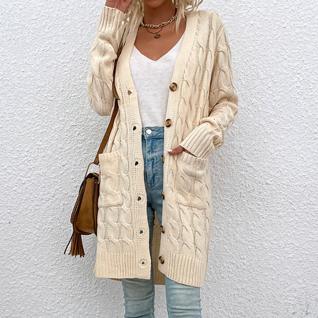 Damen Strickcardigan Lang Knöpfe Taschen Struktur - Eveloria
