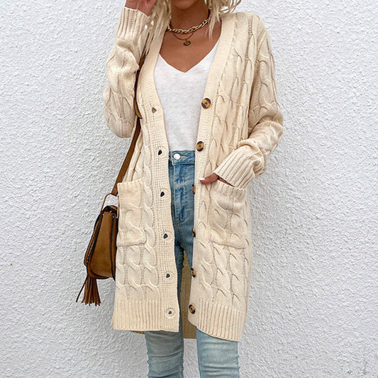 Damen Strickcardigan Lang Knöpfe Taschen Struktur - Eveloria