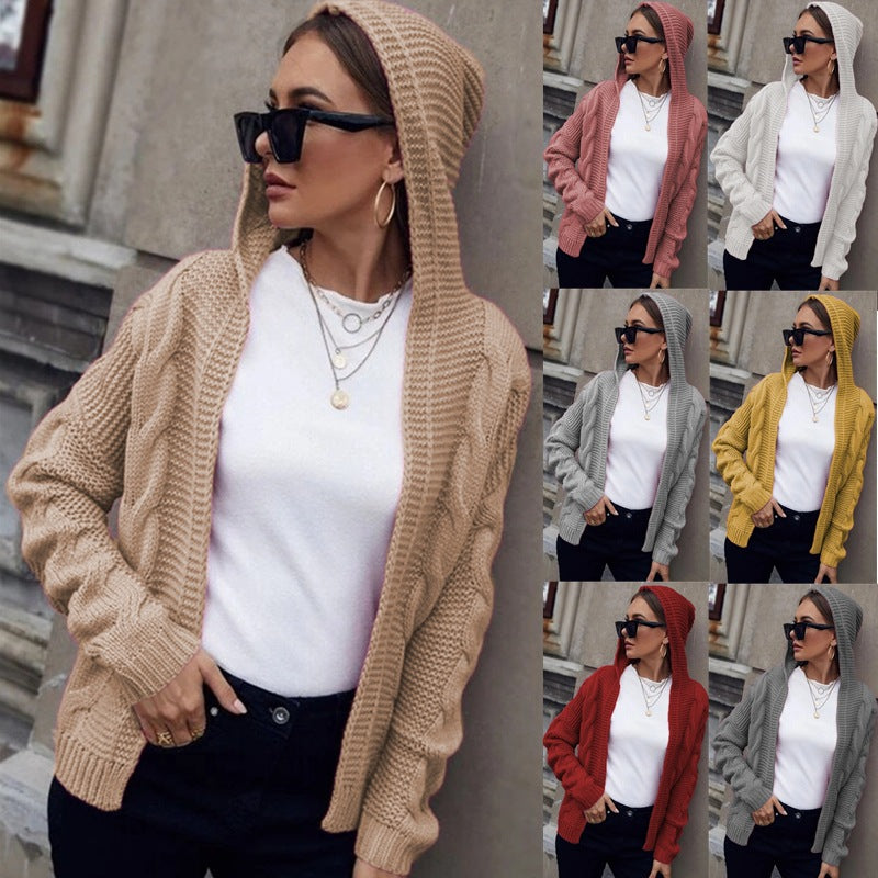 Damen Cardigan Grobstrick Kapuze Zopfmuster Beige - Eveloria