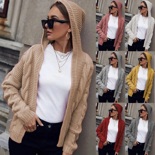 Damen Cardigan Grobstrick Kapuze Zopfmuster Beige - Eveloria