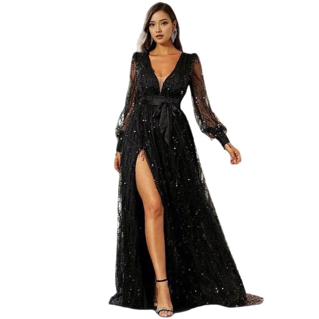 Damen Abendkleid Glitzernd Hochgeschlossener V-Ausschnitt