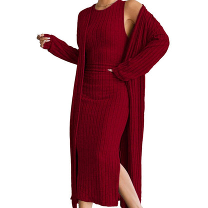 Damen Strickkleid Langärmlig mit Cardigan und Seitenschlitz
