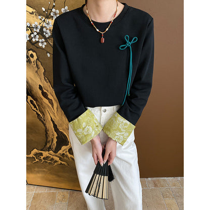Damen Langarmshirt Floralem Kragen Dekorativ Detail Eveloria
